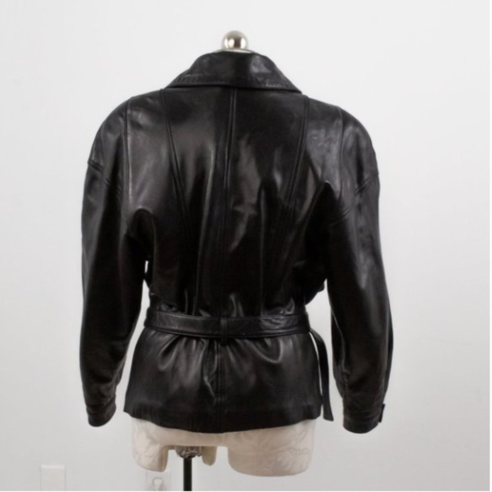 Vintage 80s Black Leather Jacket M Footballer Short Blazer Coat - Picture 6 of 14
